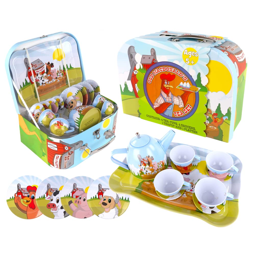 Regal Games Old Macdonalds Tea Time - Barnyard Animal Designed Kids Tea Time Set - Includes 1 Teapot, 4 Cups, 4 Saucers, 1 Plat