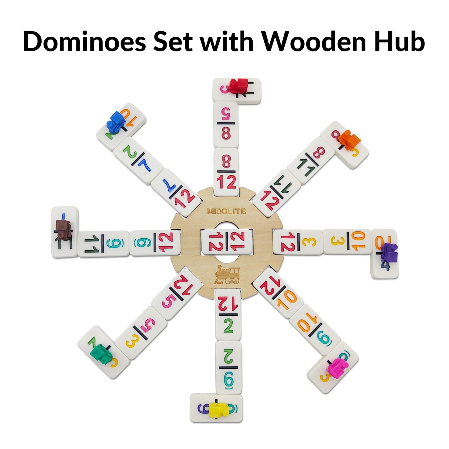 Mexican Train Dominoes Set With Numbers And 4 Wooden Racks, Double 12 Domino Travel Set With Wooden Hub, 91 Colored Domino Tiles