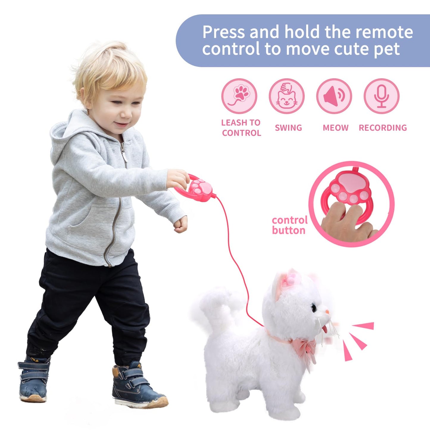 ZGZBLOCK Plush Toy Cat for Kids with Remote Control Leash Interactive Electronic Pets Toys Cat Walking Tongue Out Catcall & Wagging Tail Includes Toys Cat Accessories (White Cat)
