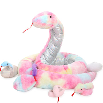 Morismos Snake Stuffed Animals Toy 120 Inch Stuffed Snake Plush With Babies Boa Constrictor Plush Toy For Kids Party Decorations Favors Prank Props, 4 Snake Babies, 3 Snake Eggs, Pink