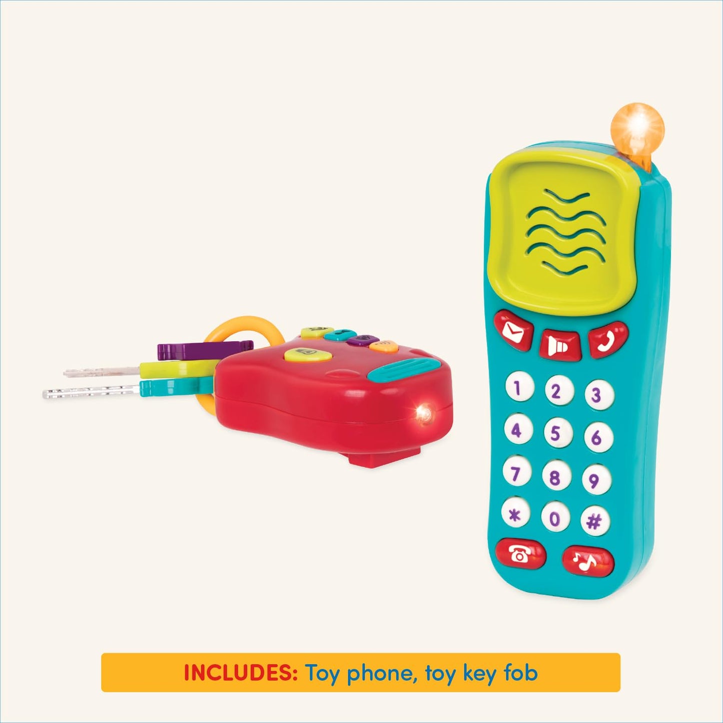 Battat Sensory Toys Pretend Phone & Keychain, Light-Up Toddler Toy, Assorted Colors, Model BT4629Z