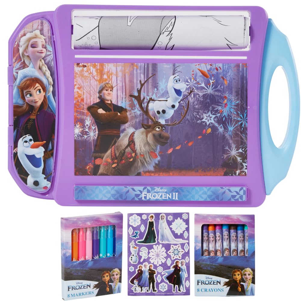 Innovative Designs Disney Frozen Roller Art Desk Set For Girls And Boys, Travel Coloring Activity For Kids, With Crayons, Markers And Stickers