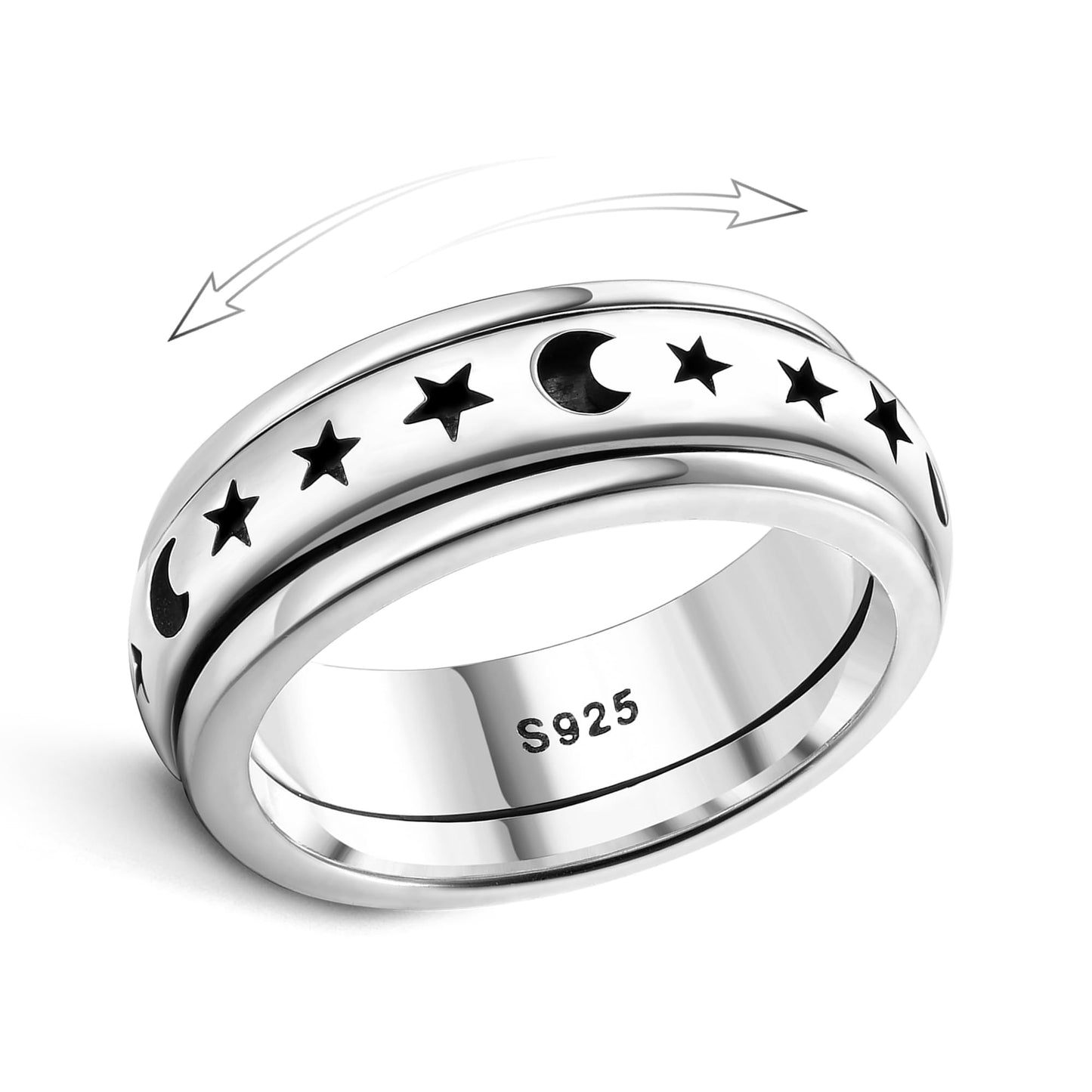 Milacolato 925 Sterling Silver Anxiety Ring For Women Men Platinum Plated Sterling Silver Band Fidget Ring Moon Star Spinner Rin