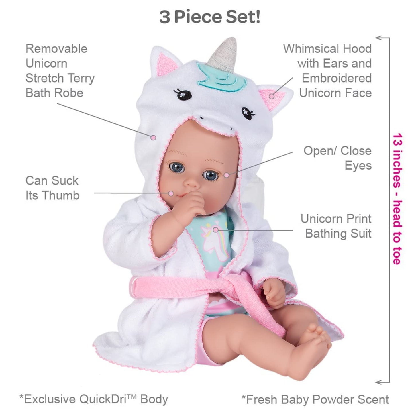 Adora Bath Time Babies Collection, 13' Baby Doll And Clothes Set, Made With Fresh Powder Scent And Exclusive Quickdri Vinyl Body, Birthday Gift For Ages 1+ - Unicorn