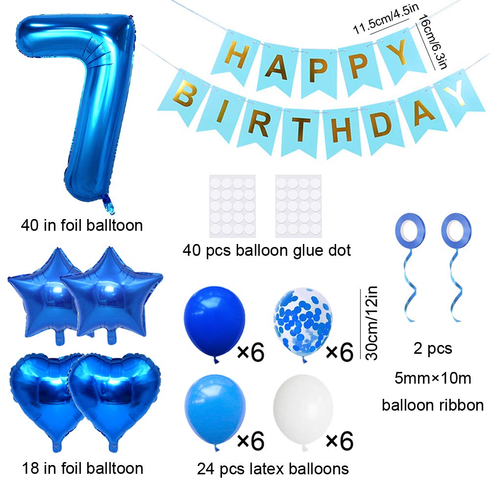 Huture 7 Birthday Party Supplies Blue Number 7 Foil Balloon Happy Birthday Banner Kit 7Th Birthday Decoration White Blue Latex C