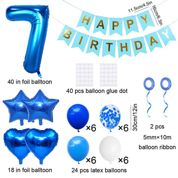 Huture 7 Birthday Party Supplies Blue Number 7 Foil Balloon Happy Birthday Banner Kit 7Th Birthday Decoration White Blue Latex C