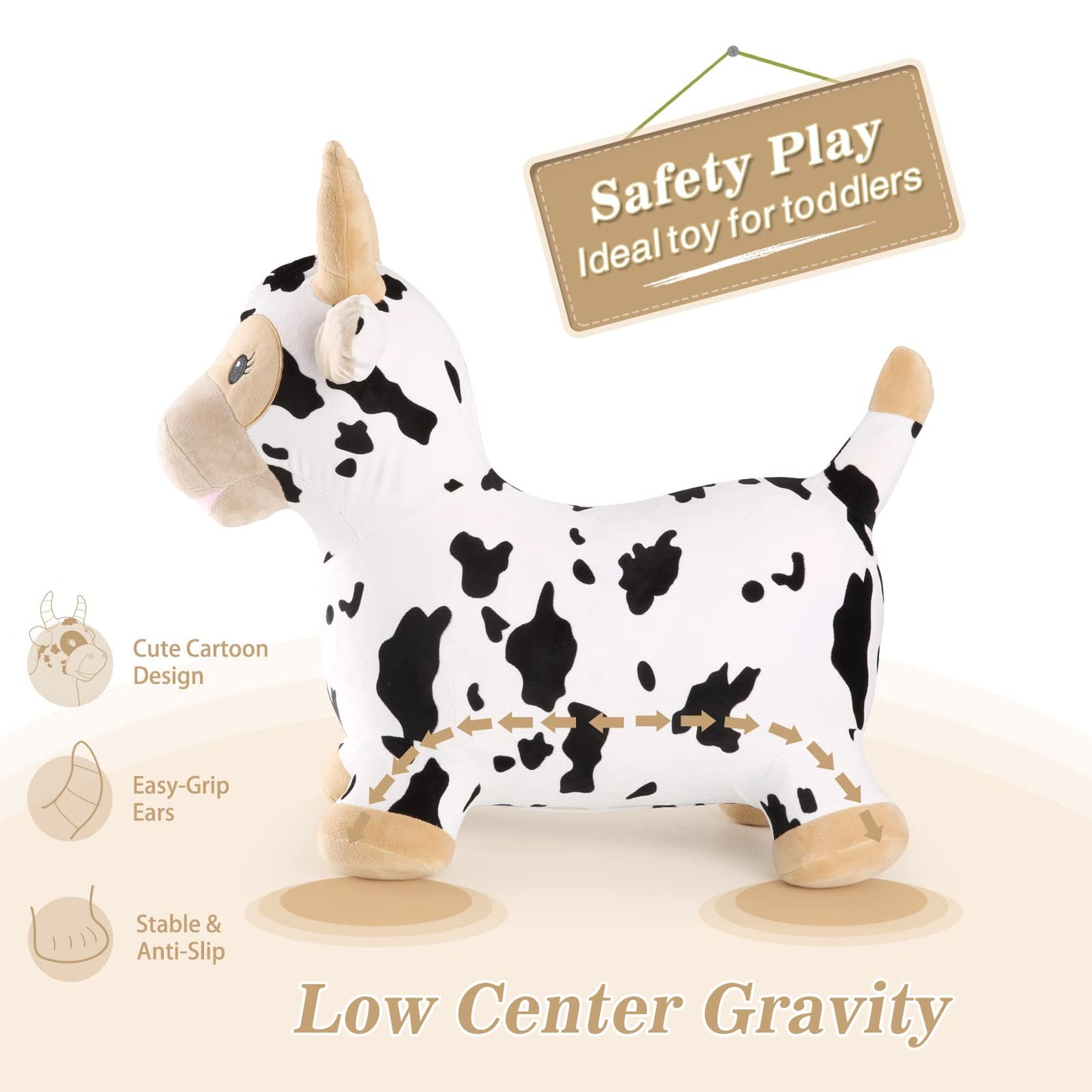Inpany Bouncy Cow Farm Animal Hopper Toys, Toddler Plush Bouncing Inflatable Bouncer, Ride On Hopping Horse, Indoor Outdoor Cowb