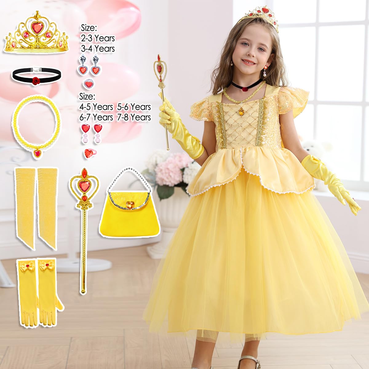 Luzlen Belle Costume For Girls Yellow Princess Dress Up Halloween Birthday Party Cosplay Outfits With Accessories Yellow, 7-8Y(Tag 150)