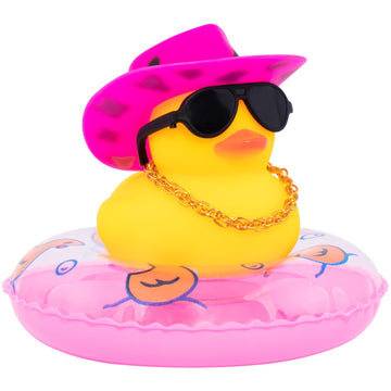 Wonuu Car Rubber Duck, Yellow Duck Decoration Dashboard With Sun Hat Swim Ring Necklace Sunglasses For Car Dashboard Decorations, Black Spots Pink Cowboy Hat-Pink