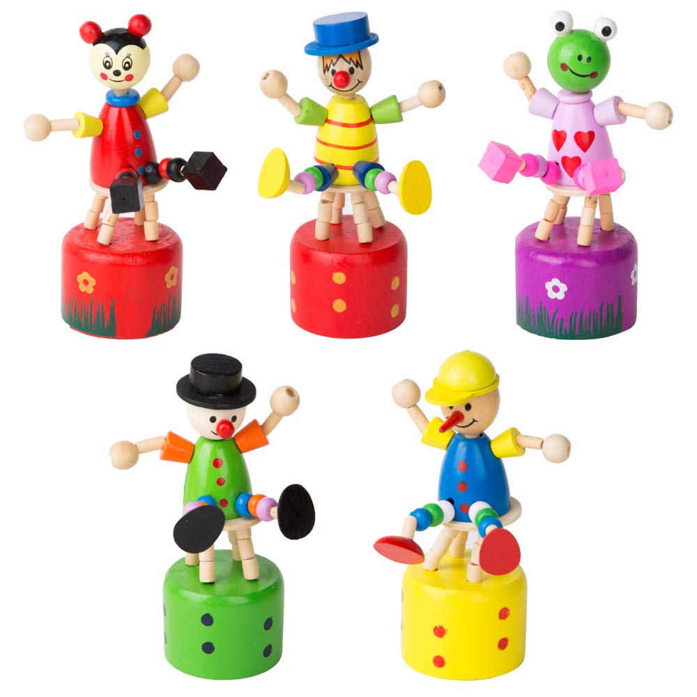 PROLOSO Push Puppet Finger Puppets Thumb Press Base Joker Puppet Push Up Wooden Clown Toys 5 Pcs