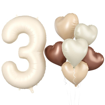 Biapian 40 Inch Cream White Number 3 Balloons, Beige White Large Number 3 Balloons With 18'' Cream Foil Heart Balloons Helium Fo