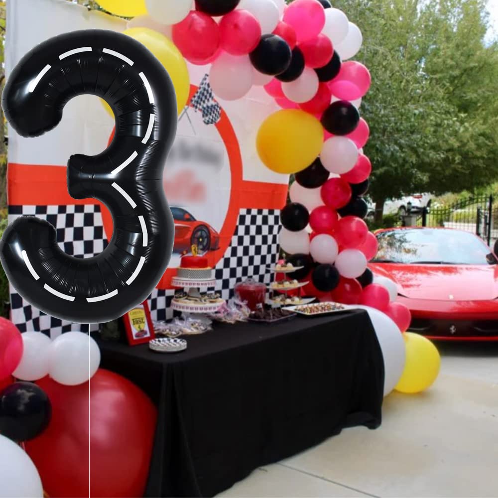 Toniful Race Car Black Balloons Car Birthday Party Supplies,40 Inch Giant Jumbo Helium Foil Mylar Big Number 3 Digital 3 Balloon