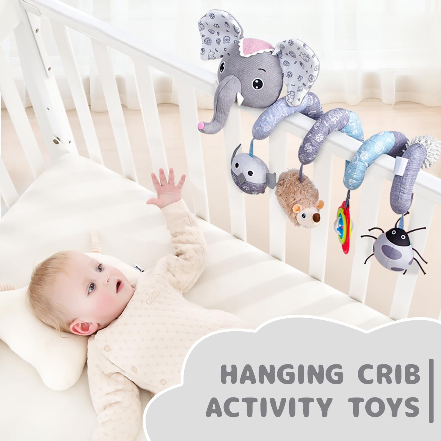 Koty Car Seat Toys, Infant Baby Spiral Plush Activity Hanging Toy For Stroller Bar Pram Crib With Music Box Bb Squeaker & Rattles(Grey Elephant)