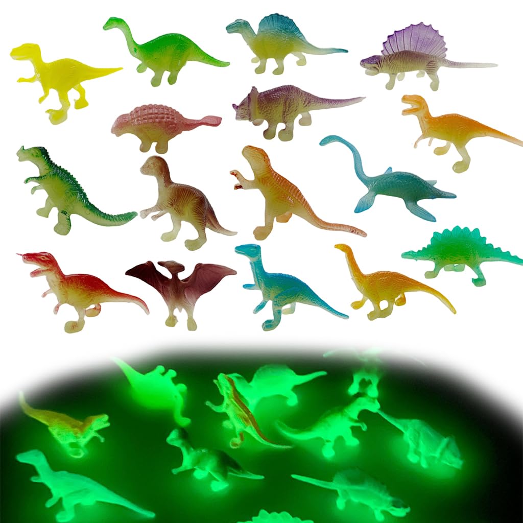 Patpat 16Pcs Glow-In-The-Dark Mini Dinosaur Toy Set, 5-7Cm Luminous Pvc Miniature Dino Figurines, Small Dinosaur Toys For Kids 3