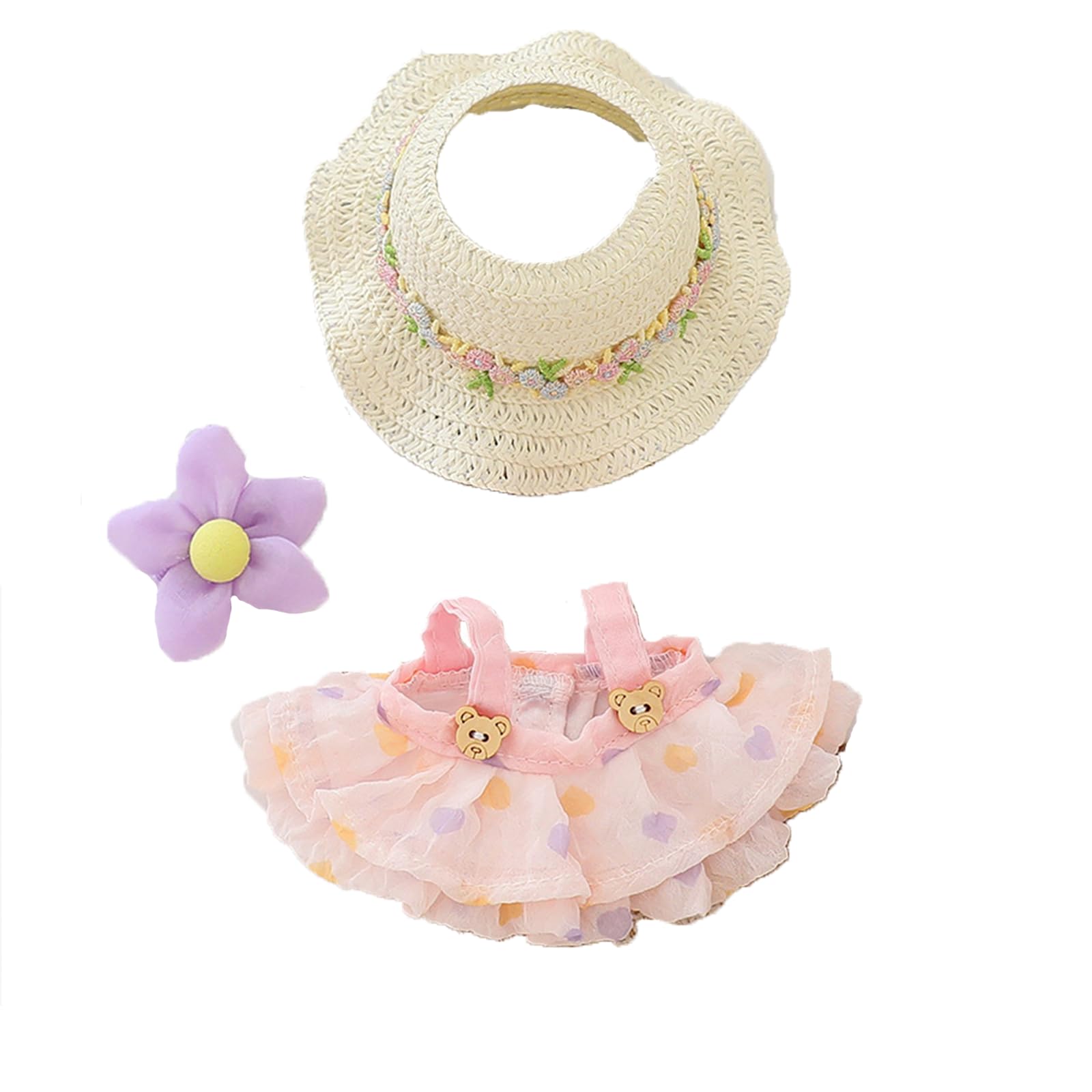 LYBHYQTII Doll Clothes for 17cm Dolls  enhanced Handmade Cute Doll Dress 3 Piece Set Including a Weaving Hat  Clothes and Flower Clip with High-End Dolls Accessories for Play & Display - Pink