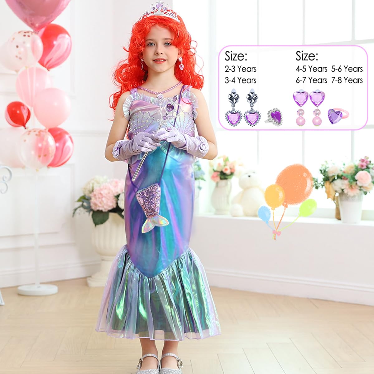 Luzlen Litttle Mermaid Costume Girls Princess Ariel Dress Up Purple Outfit With Wig For Birthday Halloween Cosplay Party, 2-3T(Tag 100)