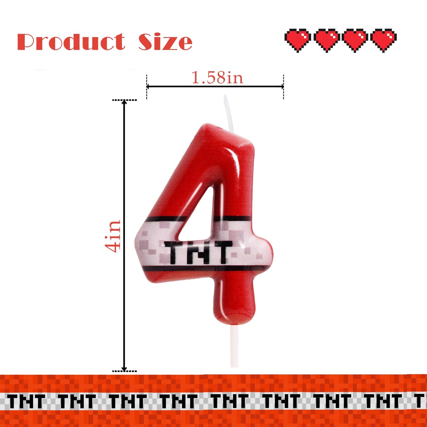 TNT Themed Birthday Candles for Boys Girls, Craft Pixels Cake Topper, Kids Themed Birthday Party Supplies (Number 4-Red)