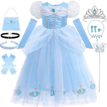 Luzlen Cinderella Costume For Girls Blue Princess Dress For Kids With Puffy Sleeves Halloween Birthday Party Outfit,3-4 Years(Label 110)