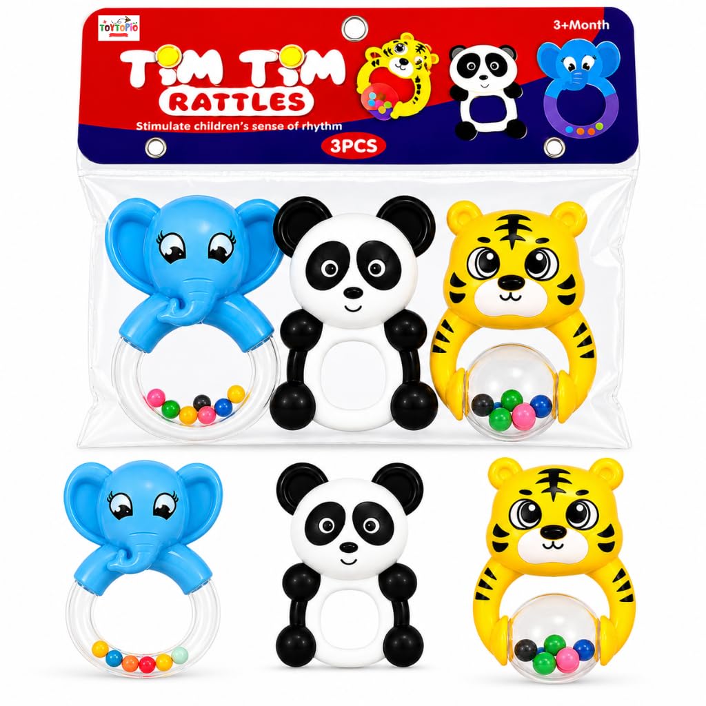 Baby Rattles & Teether Set For Kids | Elephant Panda Tiger Shape Jhunjhuna Sound Toys For Baby | Newborn Sensory Toys | Infant T