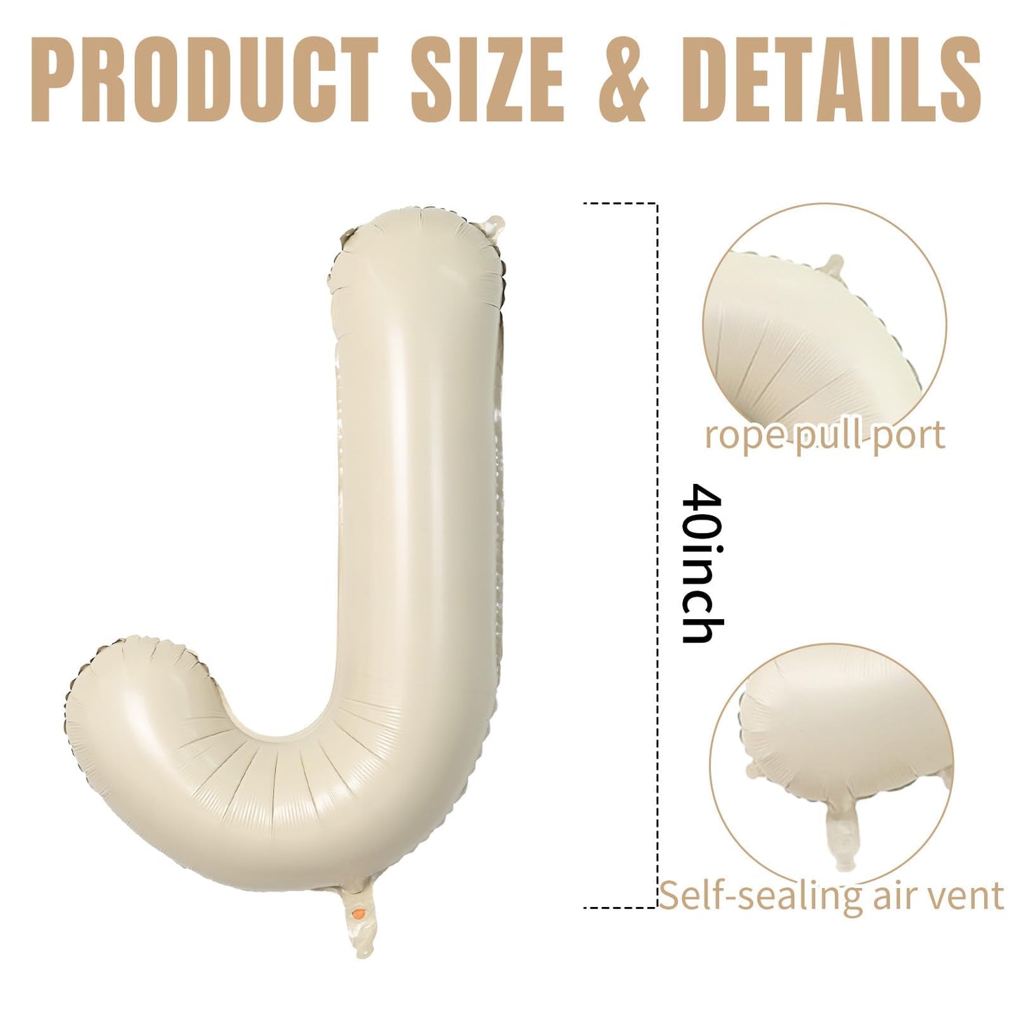 40 Inch Cream Letter Balloons, Large J Letter Balloons Foil Helium Balloons, Mylar Big Single Alphabet J Balloons, Cream Balloon
