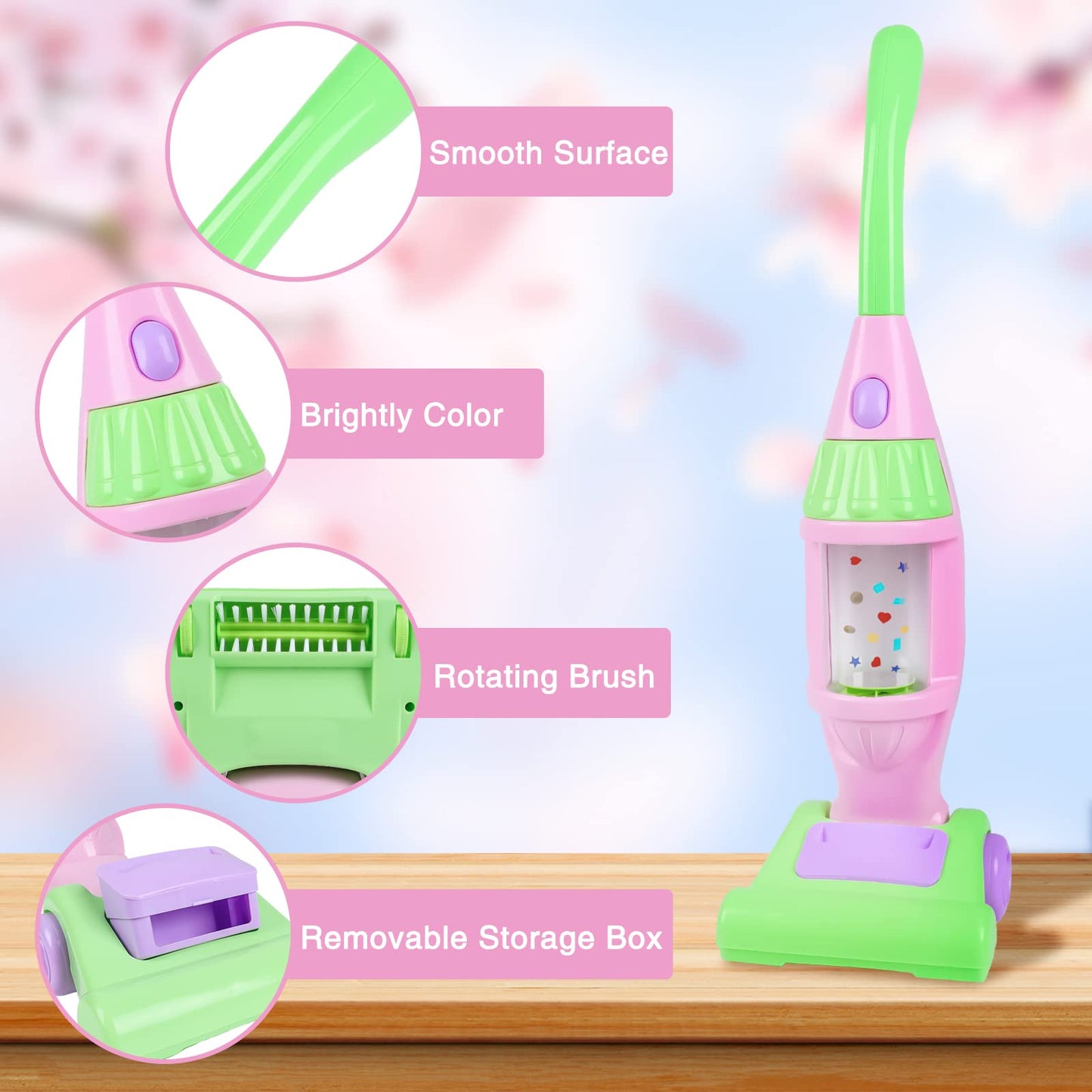 Kids Vacuum Cleaner Toy For Toddler, Pink Toy Vacuum Cleaner With Light & Realistic Sounds, Pretend Role Play Household House Ke