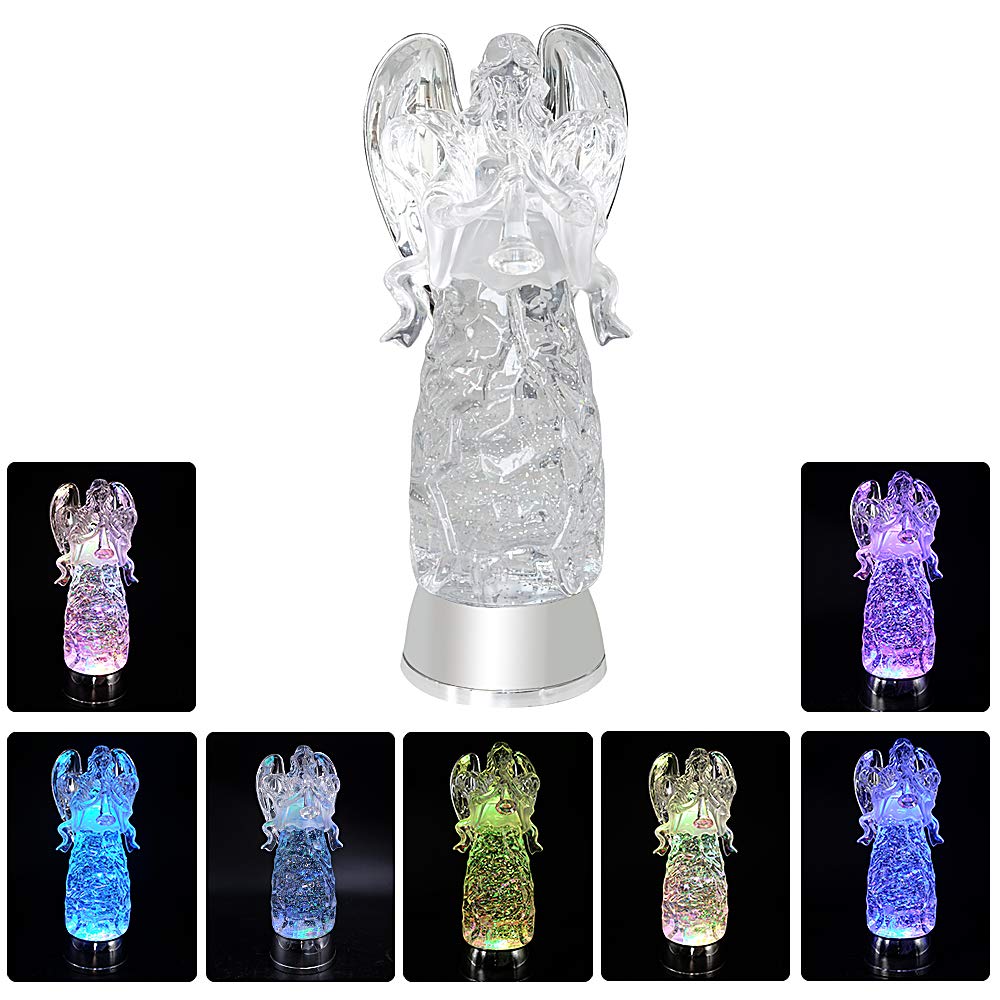 Eldnacele Snow Globe Angel Statue - Lighted, Glittering, Battery Operated, Multi-Color Changing, Model AG002-H, Christmas Decoration