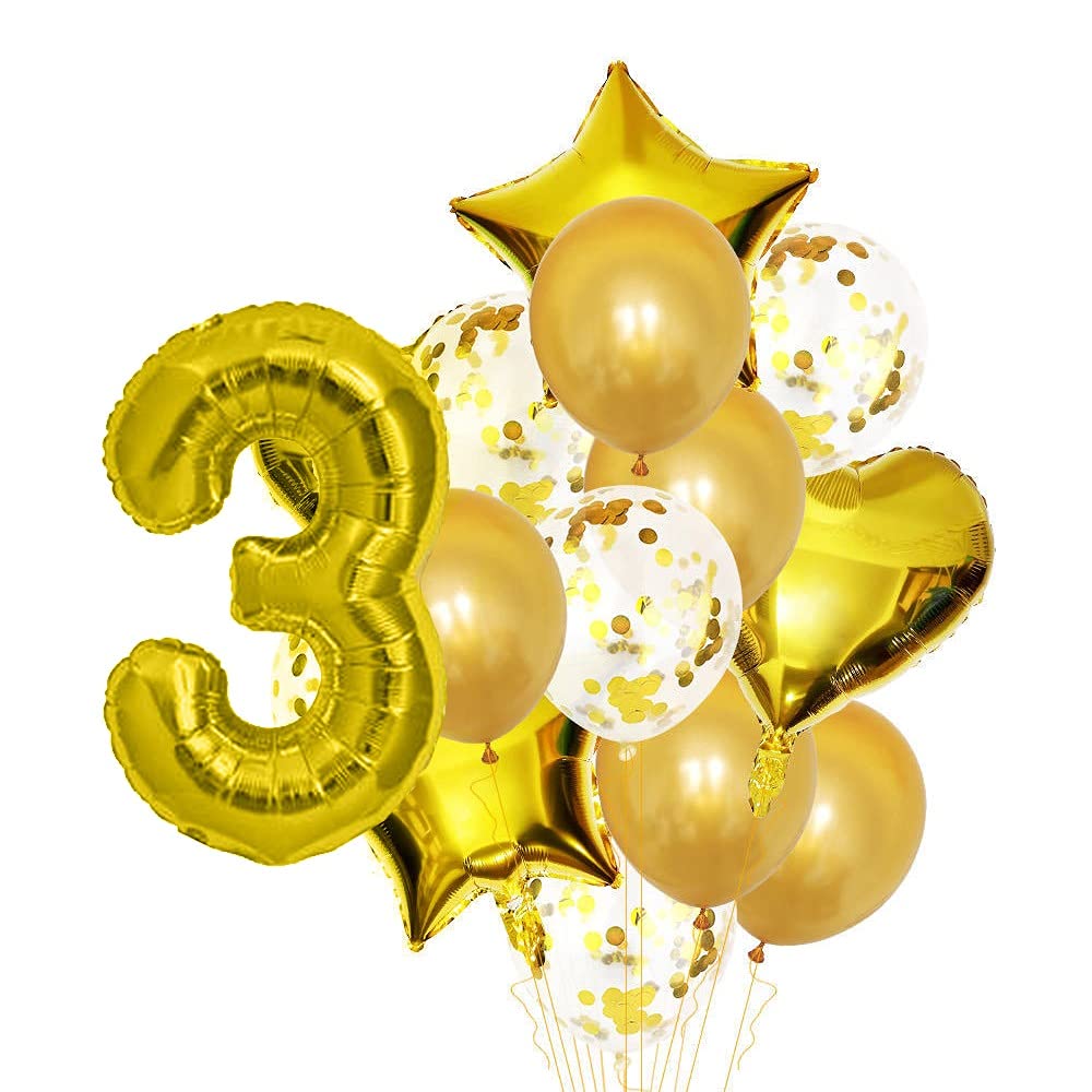 Pop The Party 3rd Number balloon With 3 Digit Balloon for Including Gold Latex, star, heart and Confetti Balloons