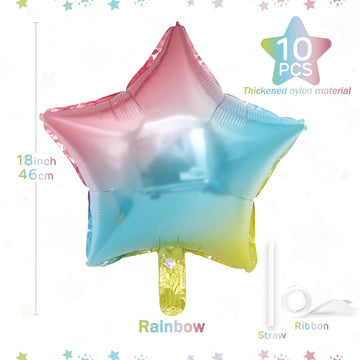 Rainbow Star Balloons 18 Inch, 10 Pcs Gradient Star Shaped Mylar Helium Foil Metallic Balloon For Birthday Party Decorations Bab