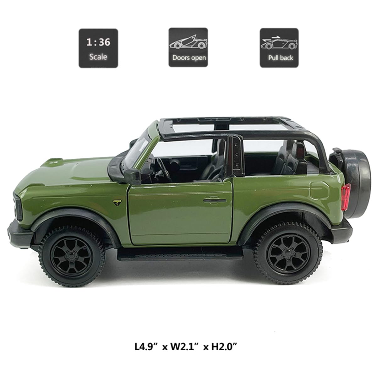 2-Door Convertible Bronco Badlands Model Car 1/36 Scale Diecast Toy Cars Metal Alloy Childrens Vehicles, Pull Back Doors Open, B