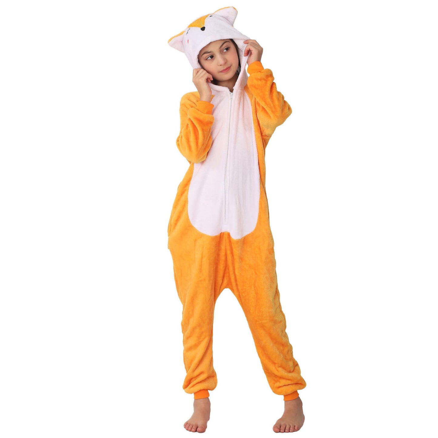 Lobujou Animal Hooded Costume For Kids Boys Girls Flannel Onesie Halloween Cosplay One Piece Fox 140