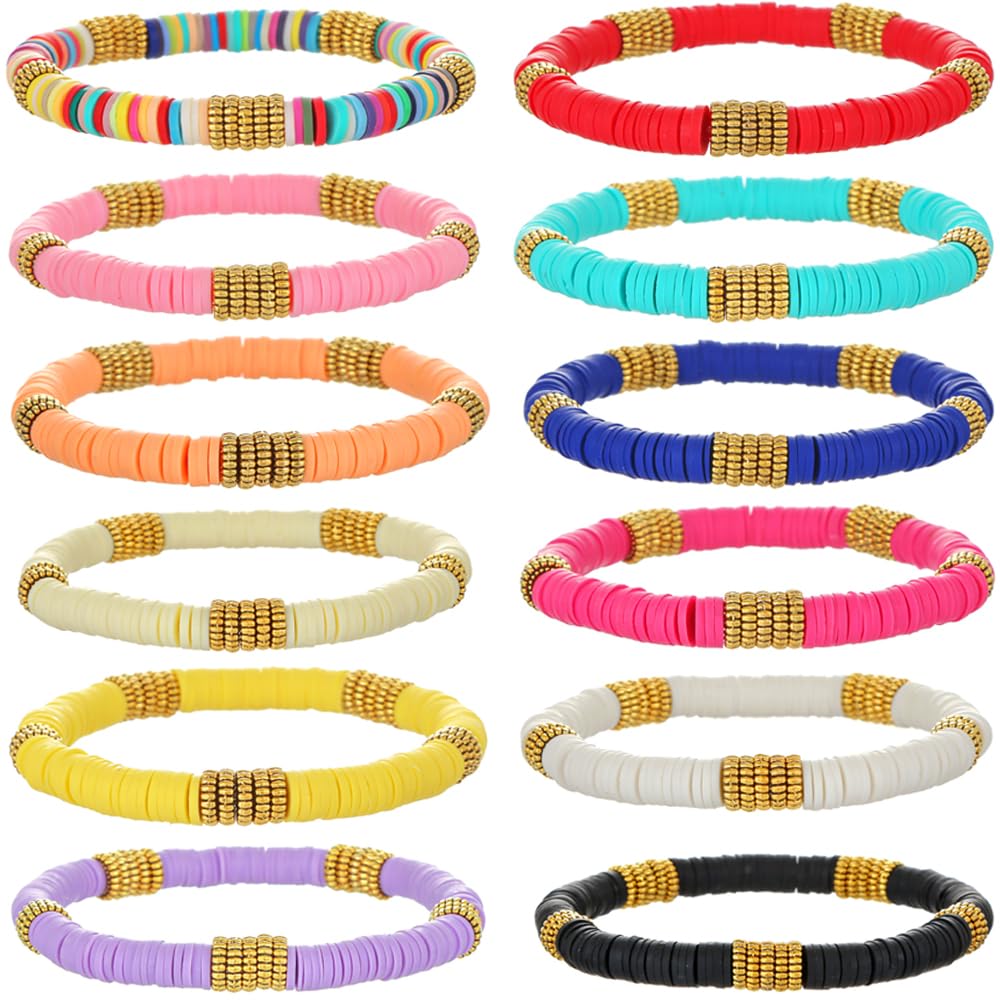 HYHONEY 12pcs Friendship Bracelets Beaded Bracelets Heishi Bracelet Cute Bracelets Stack Vinyl Clay Disc Bead Surfer Stretch Sum