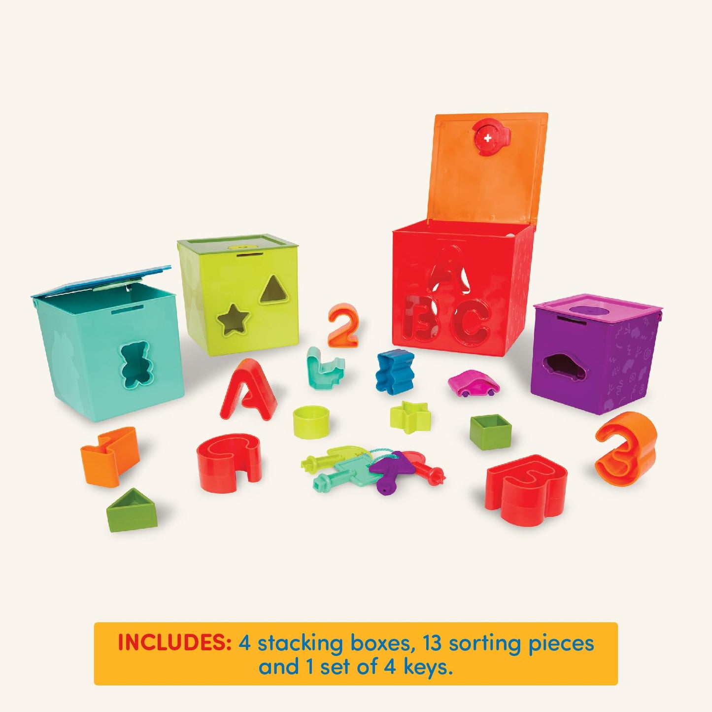 Battat - Sorting & Stacking Boxes - Nesting Toddler Play Cubes - Color - Coded Dexterity Keys - Numbers, Letters & Shapes - 2+ Y