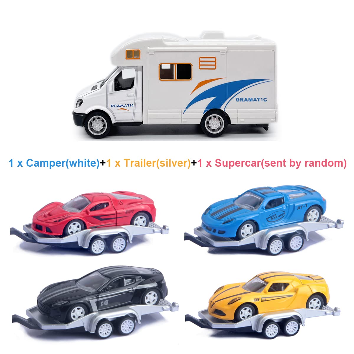 Toy Camper RV Trailer Towing Supercar Sports Model Car Diecast Motorhome Toys for Boys Pull Back Toy Cars, Beach Sandbox Outdoor