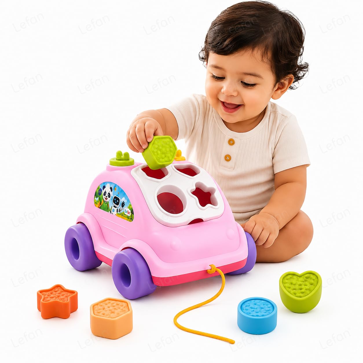 Lefan Pull Along Shape Sorter Car For Toddlers 1+ Year | Montessori Sorting & Learning Toy With 4 Shape Blocks, Pull String, Rol