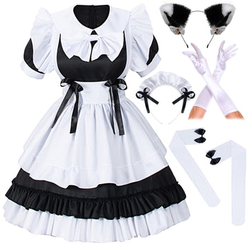 Girl Sweet Kawaii Costume Dress Anime French Maid Cosplay Furry Cat Ear Gloves Socks Set(Black L)