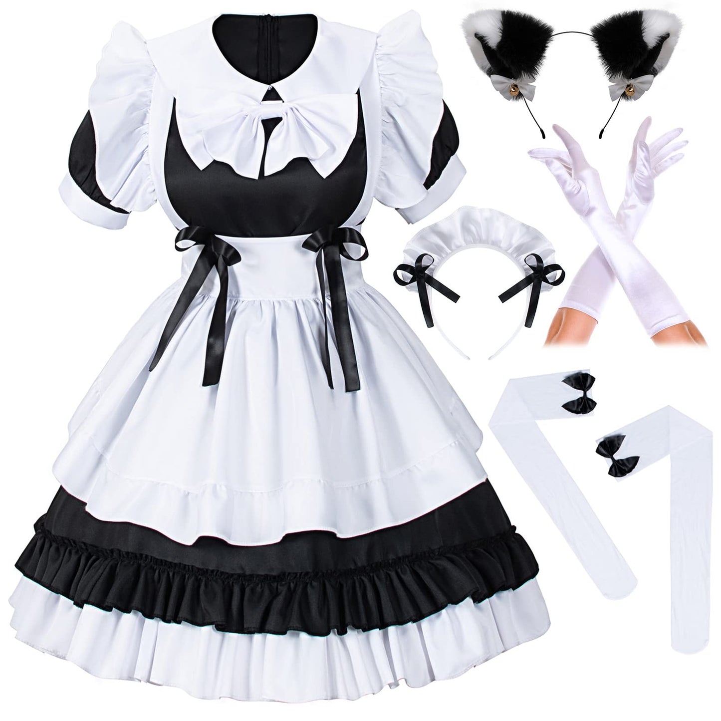 Girl Sweet Kawaii Costume Dress Anime French Maid Cosplay Furry Cat Ear Gloves Socks Set(Black Plus Size 5Xl)