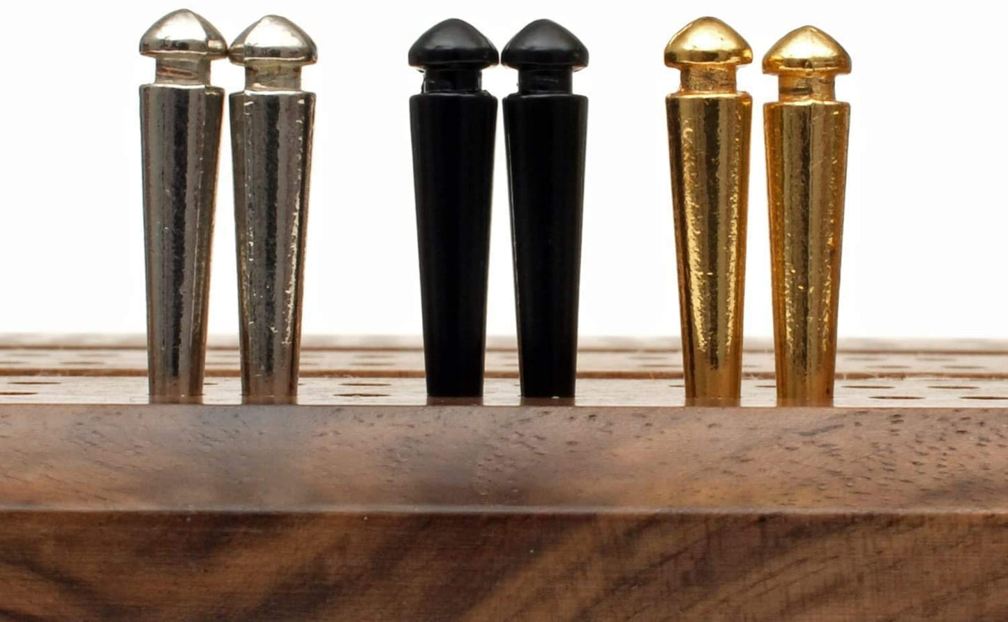 We Games Easy-Grip Metal Cribbage Board Pegs And Velvet Pouch - Set Of 6 Pins (2 Gold, 2 Silver, 2 Black)