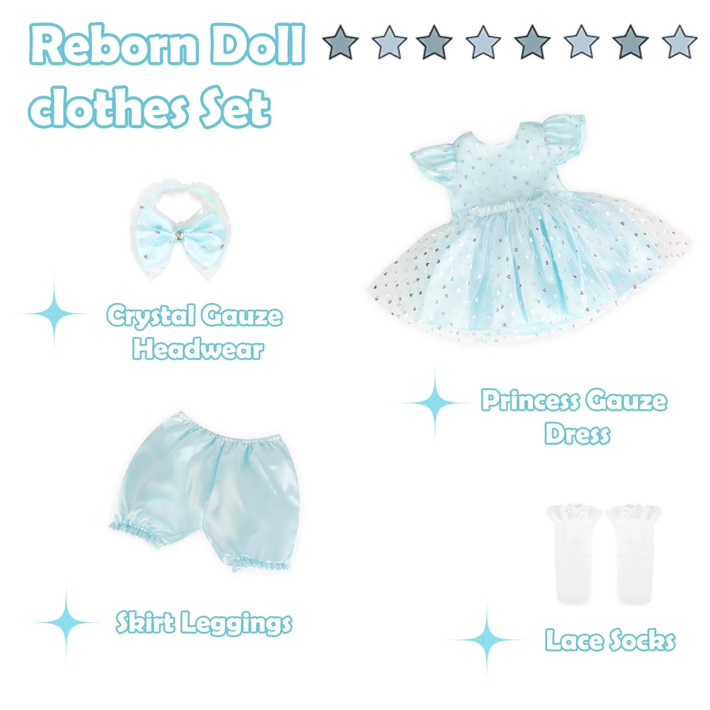 Wooroy 4-Piece Reborn Baby Doll Clothes Set - 16-22 Inch Princess Blue Tulle Dress With Little Socks For Baby Dolls Girls