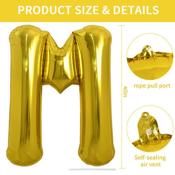 Toniful 40 Inch Large Gold Letter M Balloons Helium Balloons,Foil Mylar Big Balloons For Birthday Party Anniversary Supplies Dec