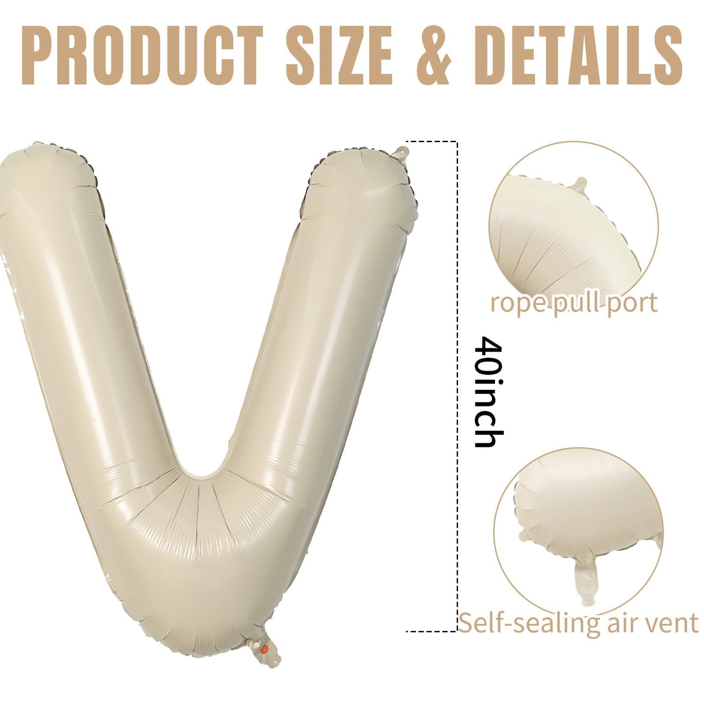40 Inch Cream Letter Balloons, Large V Letter Balloons Foil Helium Balloons, Mylar Big Single Alphabet V Balloons, Cream Balloon
