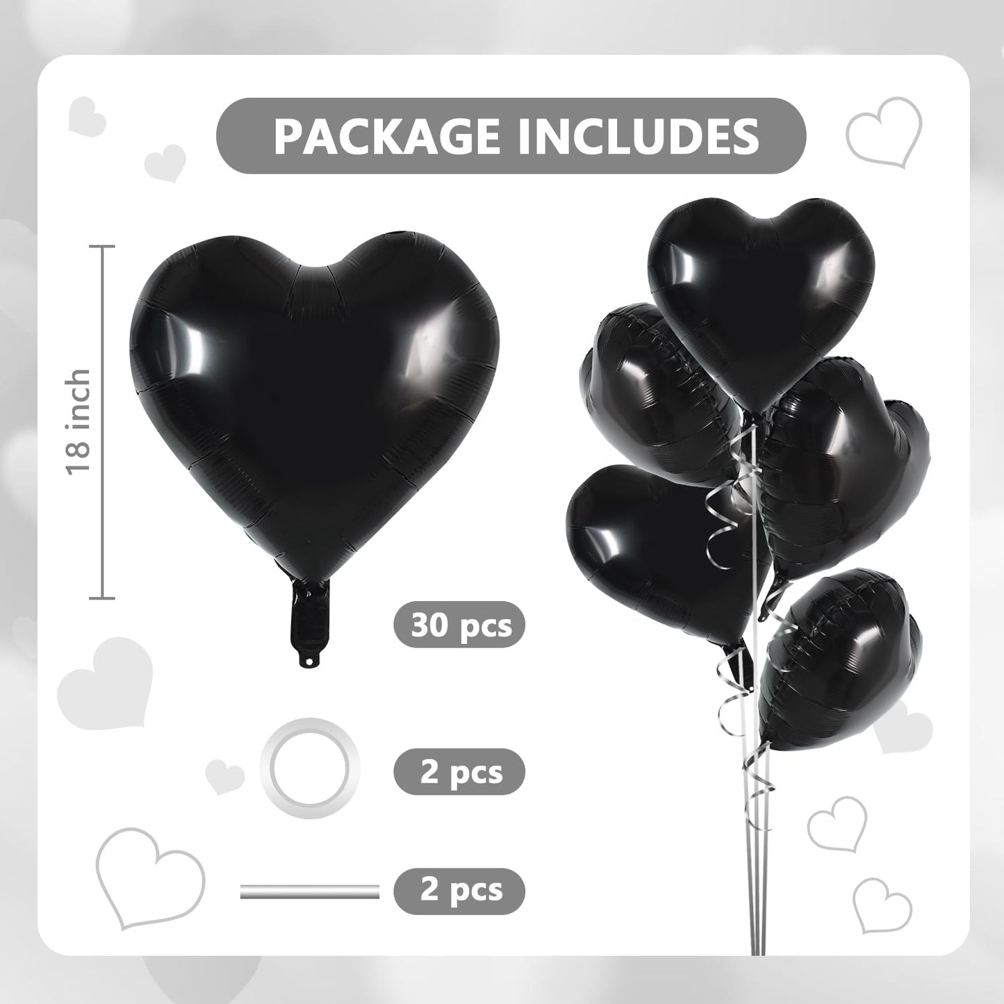 TONIFUL 30Pcs 18 Inch Black Heart Balloons Black Heart Shape Foil Mylar Balloons Decoration for Birthday Valentines Day Wedding