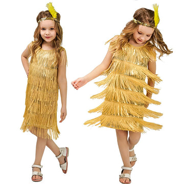 Girl's 1920s Flapper Costume Dress Fringe Tassel Gatsby 20s Halloween Party Concert Music Festival Outfits Dancewear Headband Se