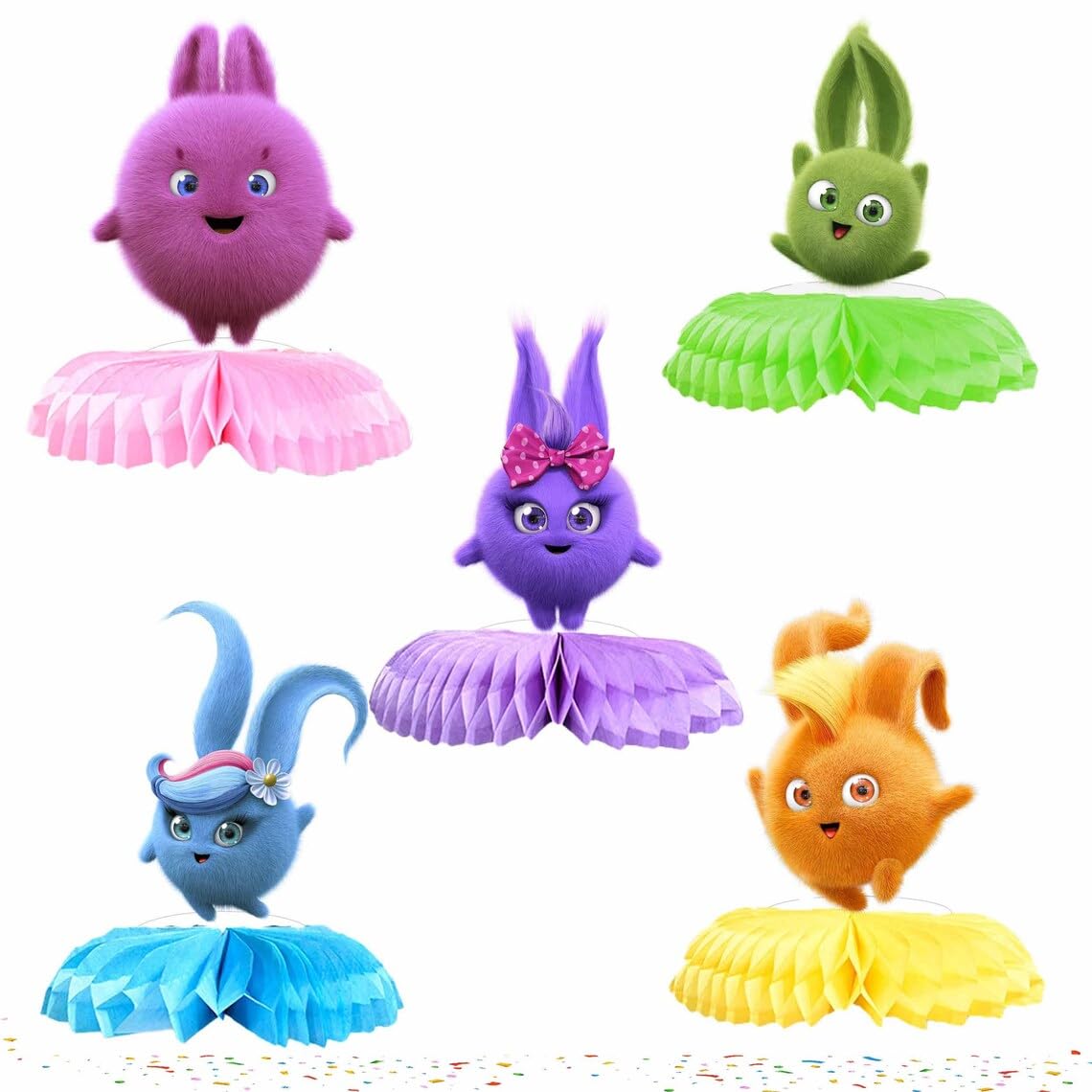 PC Adorable Cartoon Sunny Bunnies 5-Piece Honeycomb Centerpiece Set - Cheerful Cardstock Decorations for Celebrations