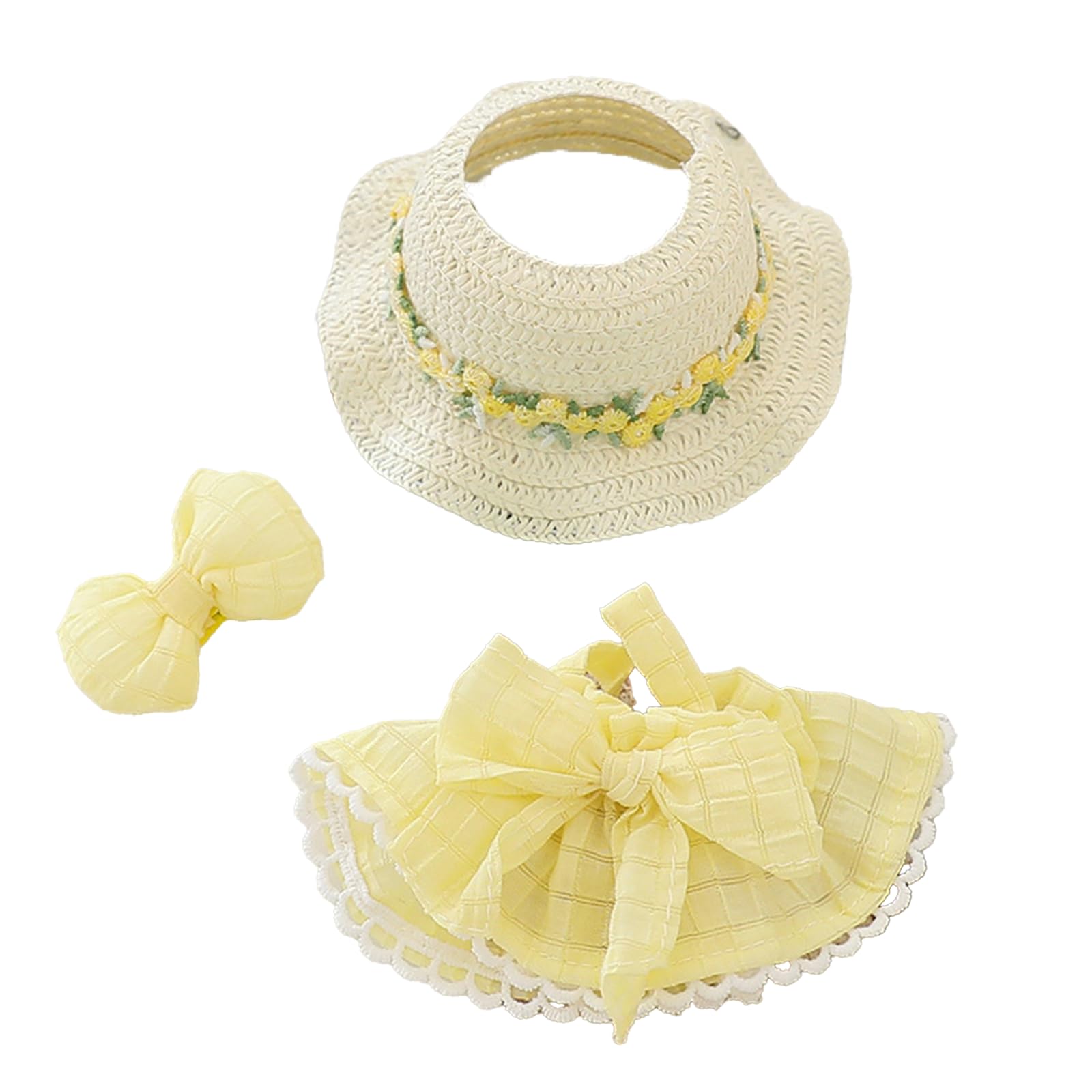 LYBHYQTII Doll Clothes for 17cm Dolls  enhanced Handmade Cute Doll Dress 3 Piece Set Including a Weaving Hat  Bow Skirt and Bow Clip with High-End Dolls Accessories for Play & Display - Yellow