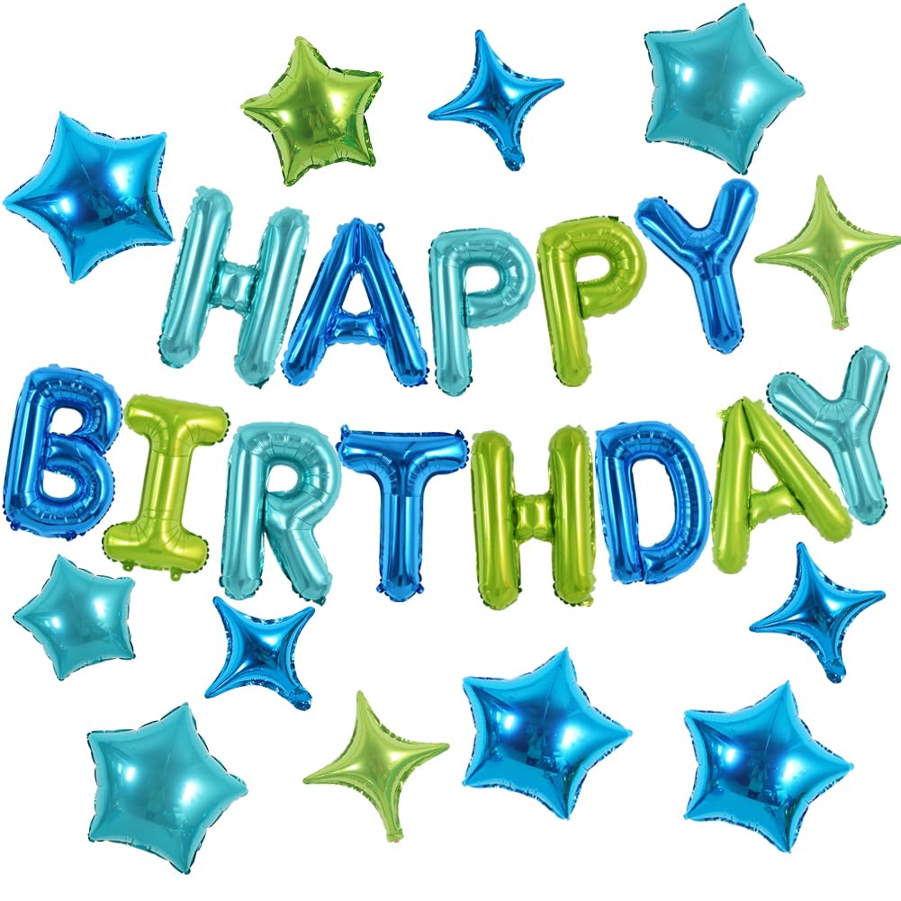 TONIFUL 35PCS Blue Green Happy Birthday Decorations Kit 16 Inch Happy Birthday Balloon Banner with Star Balloons Mylar Foil Birt