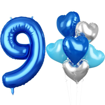 Biapian 40 Inch Blue Number 9 Balloons, Large Number 9 Balloon With 18'' Dark Blue And Silver Foil Heart Shape Balloons Helium F