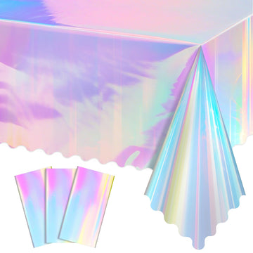 3 Pcs Iridescent Plastic Tablecloth, 54 x 108 Inch Disposable Scalloped Table Covers Waterproof Rectangle Iridescence Table Clot