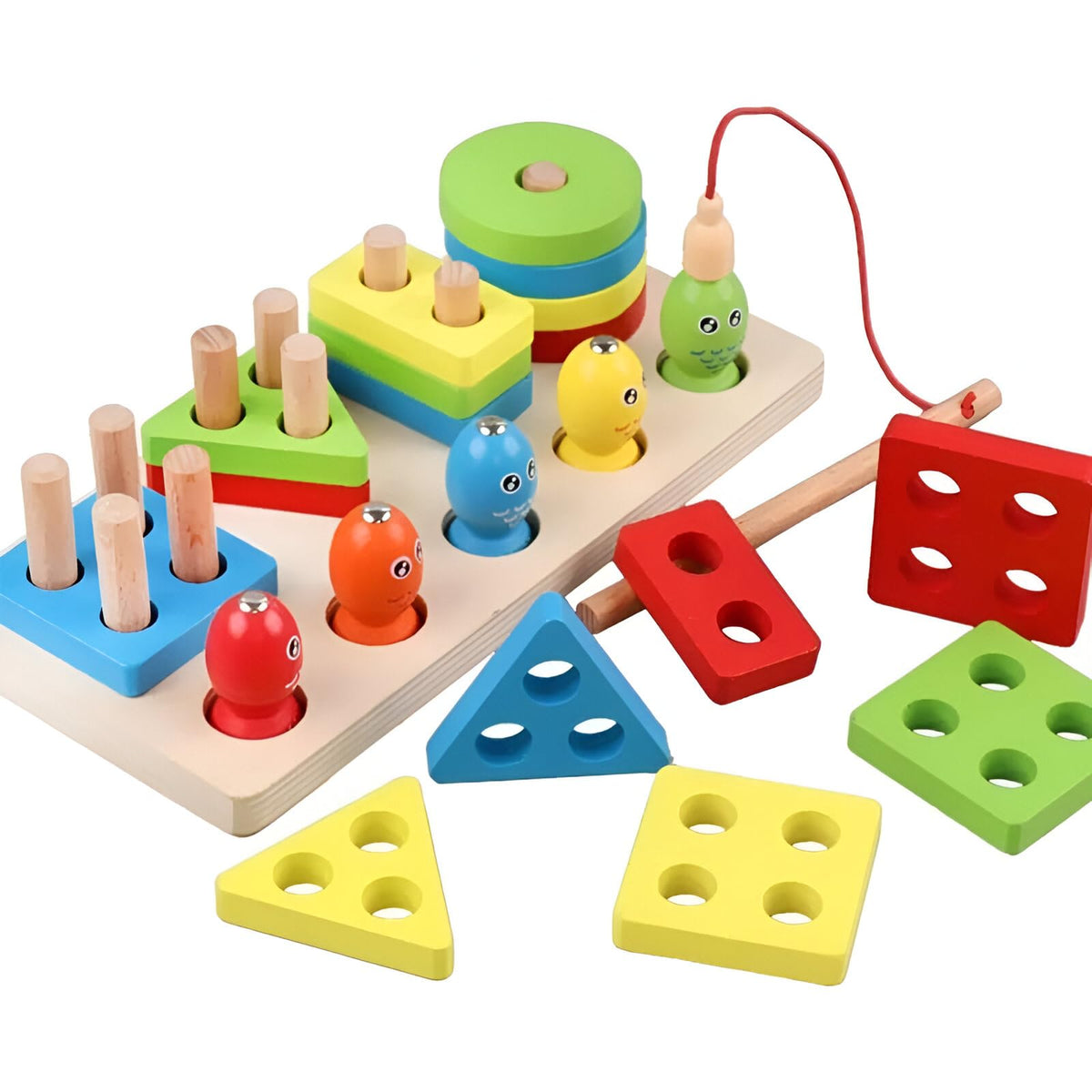 Smoneo 2 In 1 Wooden Blocks Puzzle Sorting And Stacking Socket Fishing Pole Game Play Set Early Education Learning Toy For Kids 