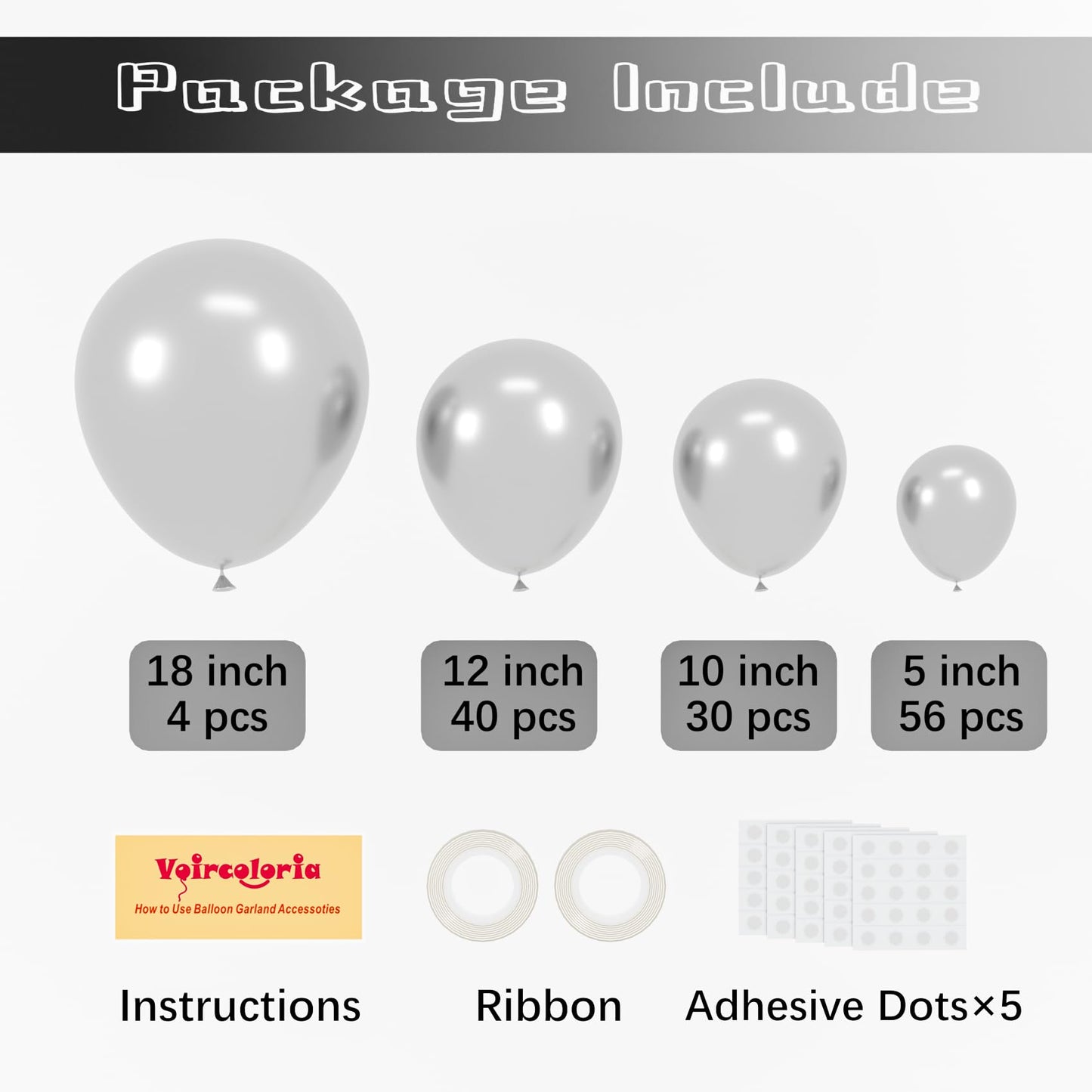 Voircoloria 130Pcs Metallic Silver Balloons Different Sizes 18'' 12'' 10'' 5'' Chrome Silver Balloon Garland Arch Kit For Gradua