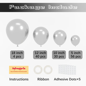 Voircoloria 130Pcs Metallic Silver Balloons Different Sizes 18'' 12'' 10'' 5'' Chrome Silver Balloon Garland Arch Kit For Gradua